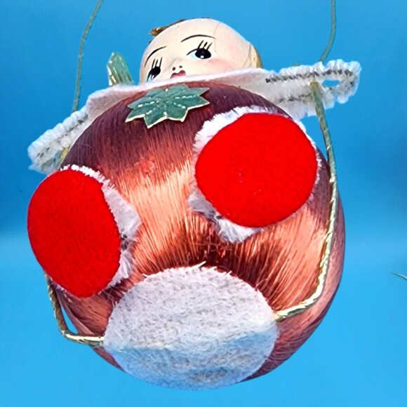 Vintage 1960s Satin Ball Angel Ornament Foil Wings Spun Cotton Composite Face v4 - Picture 9 of 9